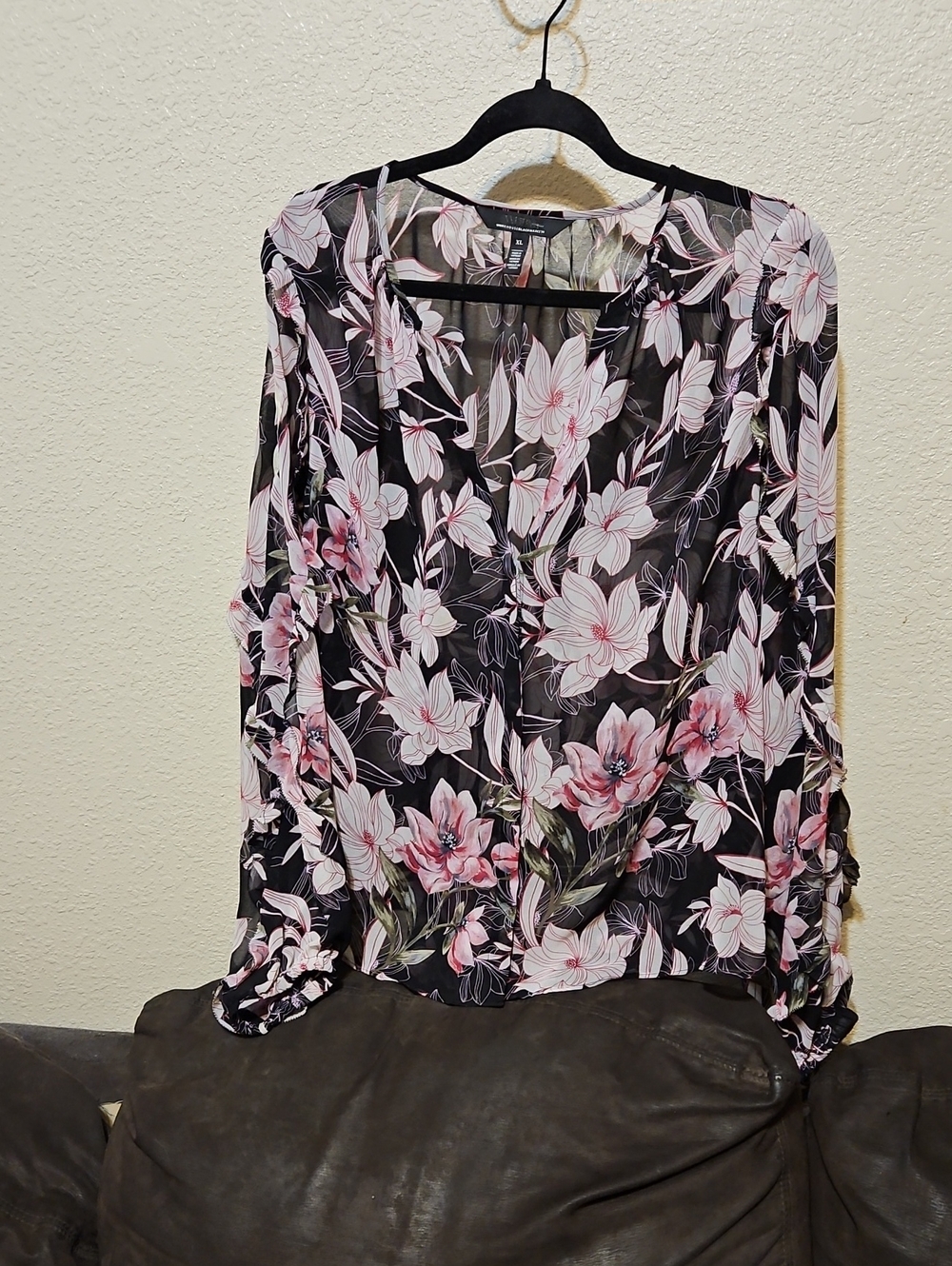 White House Black Market Sheer Black Blouse with Pink Floral Pattern